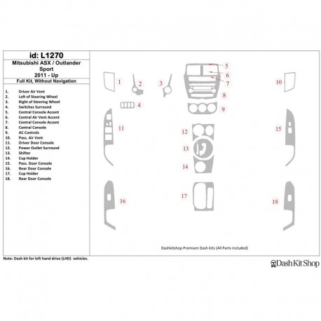 Zierleisten des Innenraums mit Holz-, Carbon-, Aluminiumimitation für Mitsubishi Outlander Sport 2011-UP. Satz L1270.