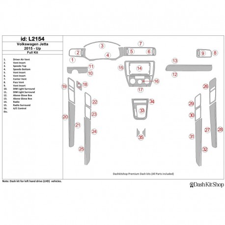 Dash trim kit wood and carbon Volkswagen Jetta 2015-UP. Set L2154.