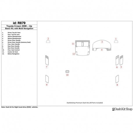 Zierleisten des Innenraums mit Holz-, Carbon-, Aluminiumimitation für Toyota Crown 2008-UP. Satz R879.