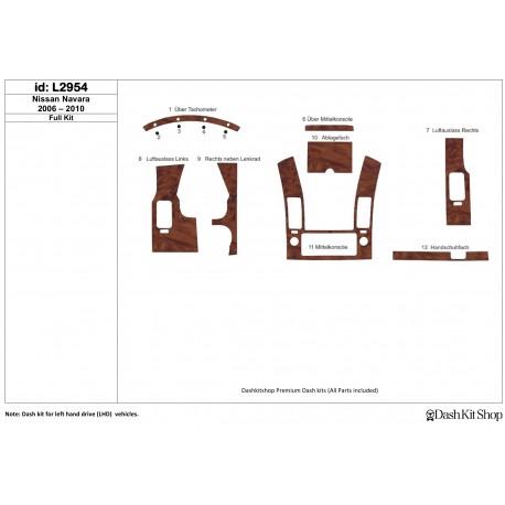 Dash trim kit wood and carbon Nissan Navara 2006-2010. Set L2954.