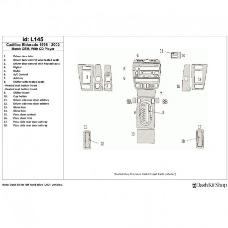 Zierleisten des Innenraums mit Holz-, Carbon-, Aluminiumimitation für Cadillac Eldorado 1998-UP. Satz L145.