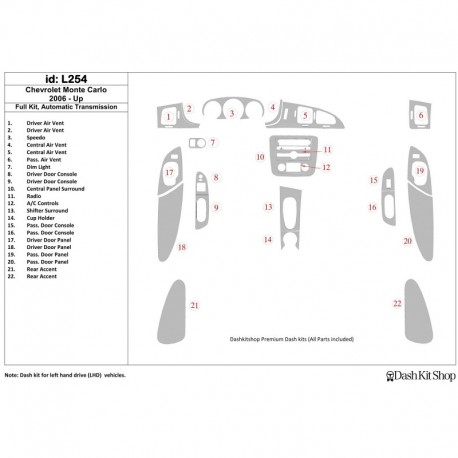 Zierleisten des Innenraums mit Holz-, Carbon-, Aluminiumimitation für Chevrolet Monte Carlo 2006-UP. Satz L254.