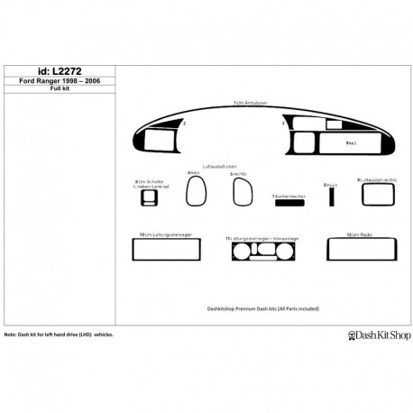 Zierleisten des Innenraums mit Holz-, Carbon-, Aluminiumimitation für Ford Ranger 1998-2006. Satz L2272.