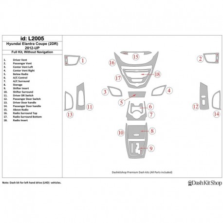 Zierleisten des Innenraums mit Holz-, Carbon-, Aluminiumimitation für Hyundai Elantra Coupe 2012-UP. Satz L2005.