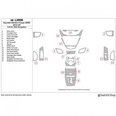 Zierleisten des Innenraums mit Holz-, Carbon-, Aluminiumimitation für Hyundai Elantra Coupe 2012-UP. Satz L2006.