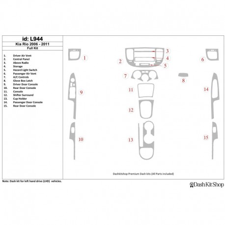 Dash trim kit wood and carbon Kia Rio 2006-2011. Set L944.