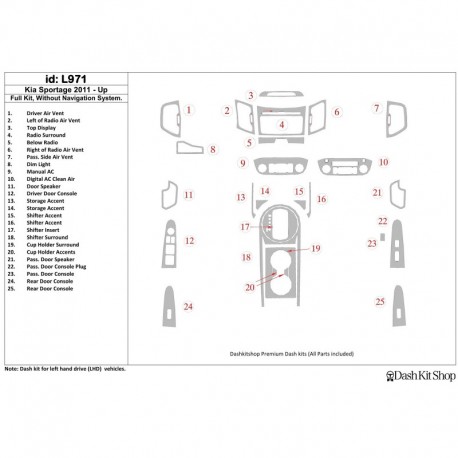 Dash trim kit wood and carbon KIA Sportage 2011-UP. Set L971.