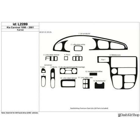 Dash trim kit wood and carbon Kia Carnival 1998-2001. Set L2289.